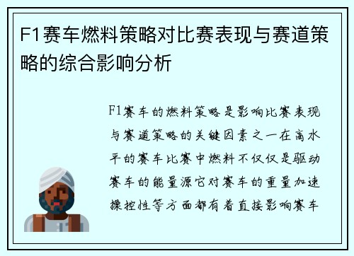 F1赛车燃料策略对比赛表现与赛道策略的综合影响分析