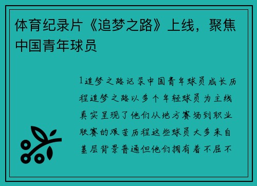 体育纪录片《追梦之路》上线，聚焦中国青年球员